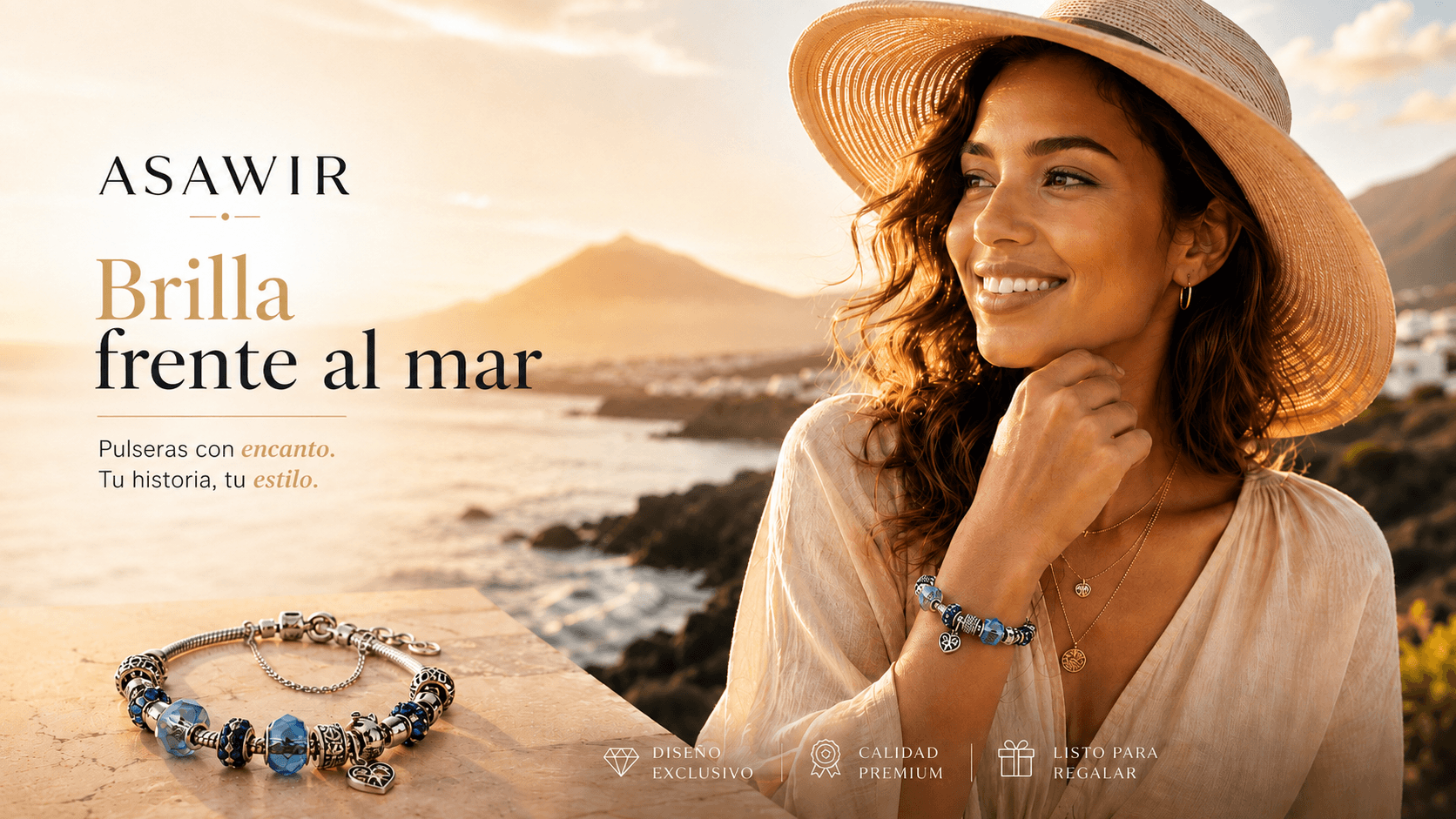 Mujer elegante luciendo una pulsera ASAWIR frente al mar en Canarias